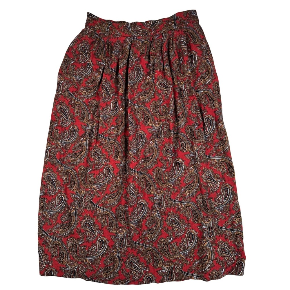 Vintage 90s Red Paisley Rayon Midi Skirt Pockets Made in USA Academia boho print